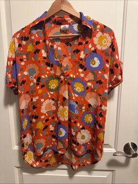 CAbi Orange Floral Short-Sleeve Button Down Shirt